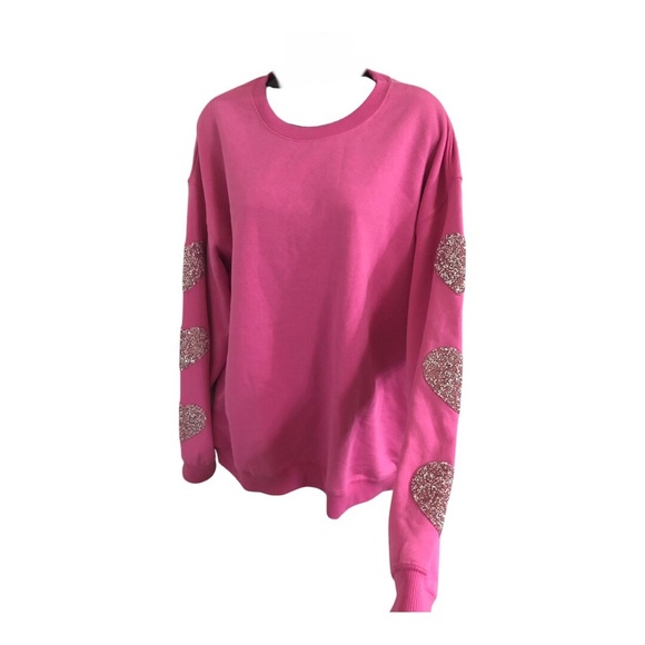 heart shaped glitter patch embroidered sleeves pink sweatshirt size XL brand new - Picture 1 of 14